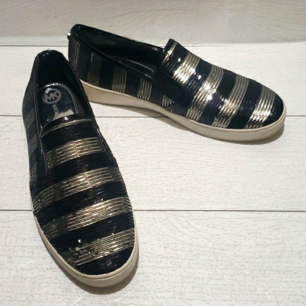 Mk 8.5 black and silver sequin flat loafers